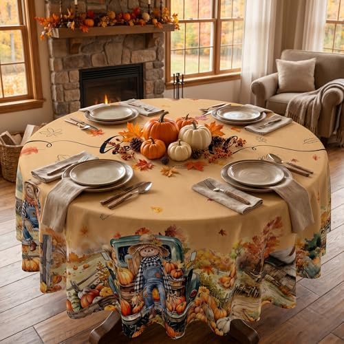 Fall Tablecloth 70Inch Round, Fall Harvest Decorations for Home Table Cloth, Truck Scarecrow Pumpkin Decor Washablae Seasonal Autumn Thanksgiving Tablecloths Polyester for Picnic Party Dinner