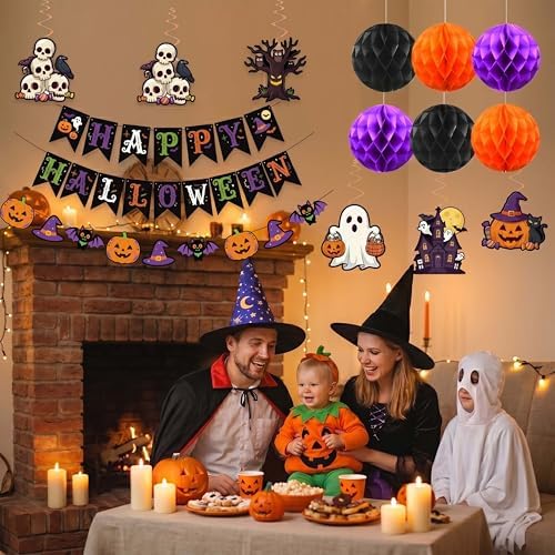 17 Pcs Halloween Party Decorations Indoor, Purple Orange Black Happy Halloween Banner Tissue Pom Poms Hanging Swirls, Spooky Cute Room Ceiling Wall Decor Supplies