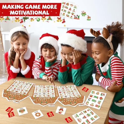 39Pcs Christmas Gingerbread Themed Bingo Game for Kids Adults 24 Players Christmas Baking Game Cards with Reward Stickers for Family Friends Students Large Group Activities Winter Holiday Party Favors
