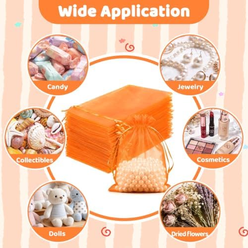 FUNFERY 100PCS Orange Organza Gift Bags 6x9in,Drawstring Pouch for Jewelry