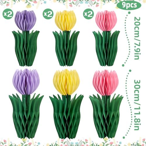 SUNBEAUTY Flower Honeycomb Decor Tulips Table Centerpieces Spring Decoration for Home Office Paper Flower Tulip Honeycomb Decor for Garden Party Mothers Day Decoration Easter Party Birthday Tea Party
