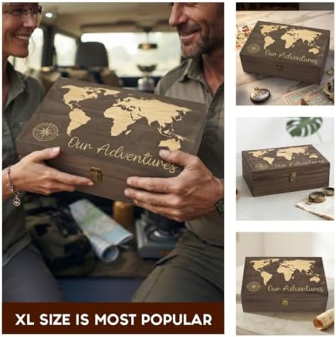 Our Adventure Engraved Wooden Keepsake Box, Memory Storage Box with Inside Engraving, Wooden Treasure Box for Travel Memories, Photos, Souvenirs, Couples & Special Moments, X-Large 14.15 x 9.5 x 4.5"