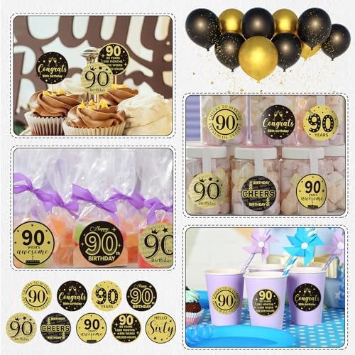 Tenare 504 Pcs 90th Birthday Stickers Black and Gold Party Favor Label Stickers Mini Chocolate Candy Wrappers for Anniversary Birthday Party Decoration