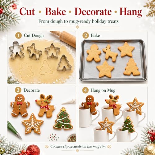 Crethinkaty 4 Pcs Christmas Stainless Steel Hanging Cup Cookie Cutter Over the Edge Mug Rim Biscuit Mould DIY Cake Decoration