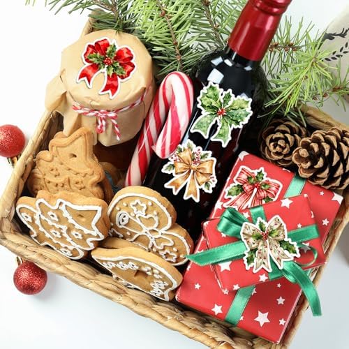 Whaline 1000 Pcs Christmas Bow Stickers Roll Xmas Holly Berry Bowknot Self-Adhesive Decals for Scrapbook Journal Envelope Holiday Decor, 12 Designs