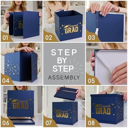 Blue & Gold Graduation Card Box - Large 10x10 Navy Blue Congrats Grad Party