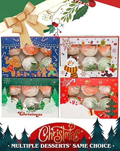 qiqee Christmas 6 Cupcake Boxes with Window 30 Packs Cupcake Box 9.4x6.1x3 inch Bakery Boxes For Cupcakes Carrier, Cupcake Containers