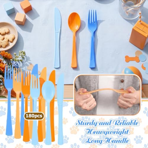 Minatee 180 Pcs Cartoon Birthday Plastic Silverware Heavy Duty Cutlery Sets Disposable Utensils for Holiday Birthday Themed Party Supplies, 60 of Each Forks Knives Spoons
