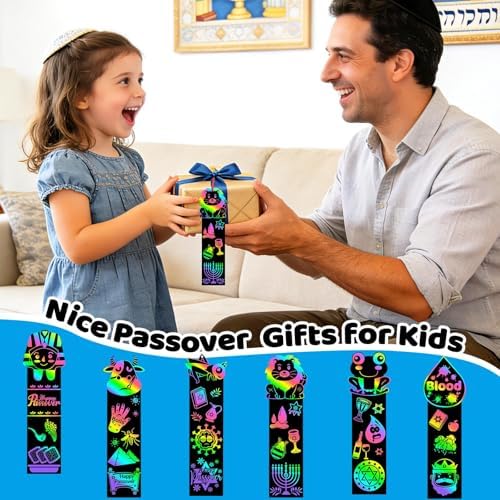 JUNEBRUSHS 30Pcs Passover Scratch Bookmarks, Rainbow Magic Scratch Paper Art Passover DIY Craft Kit for Students Classroom Activity Party Favors