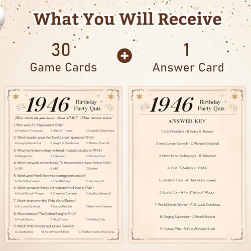 30Pcs 80th Birthday Party Games, 1946 Quiz & Guess the Price Game Cards