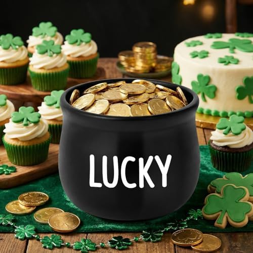 St Patrick’s Day Candy Dish Cauldron - Pot O’ Gold Mini Ceramic Bowl Snack Serving Tiered Tray Decoration (White Lucky)