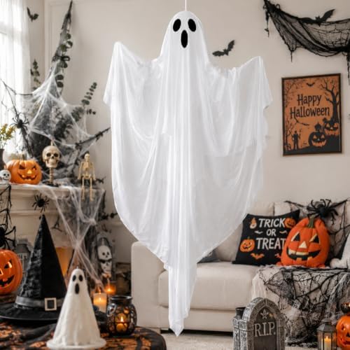 4 FT Halloween Hanging Ghost Decorations with 50 LED Lights, Light Up White Ghost Outdoor Decor with Timer & 8 Lighting Modes, Hanging Halloween Ghost for Front Porch, Yard, Patio, Garden & Party