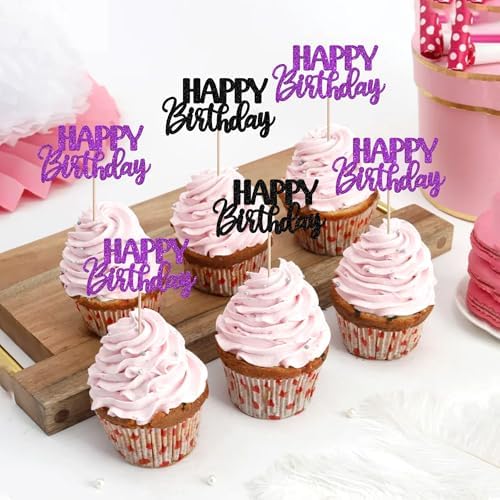 30 PCS Happy Birthday Cupcake Toppers Glitter Happy Birthday Cupcake Picks for Celebrating Anniversary Theme Christmas Party Cake Decorations Supplies Black Purple