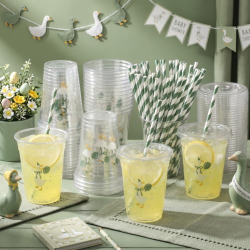 Jingmore 50 Set Silly Goose Sage Green 12 oz Plastic Cup with Lid and Straw