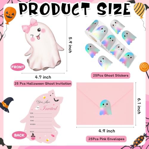 25 Pack Pink Halloween Invitations Card with Envelopes and Sticker