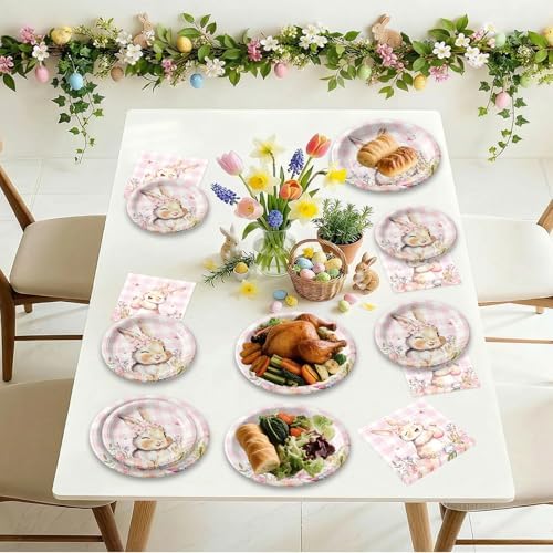 150 Pcs Easter Paper Plates and Napkins Sets Party Supplies - Disposable Cute Pink Plaid Easter Bunny Eggs Dinner Plate Napkin Paper Tableware for Spring Easter Table Decorations Party Supply,Serve 50