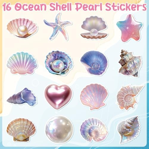 H1vojoxo Fantasy Seashell Sticker Rolls - 1000PCS Summer Decorative Aesthetic Sea Animal Ocean Shell Pearl Stickers for Kid 16 Styles Ocean Starfish Shell Vinyl Decals for Scrapbook Craft Water Bottle