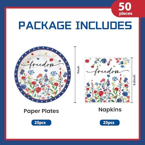 50Pcs 4th of July Flower Plates and Napkins Party Supplies, Disposable Patriotic Paper Plates Napkins Tableware Set for Memorial Independence Day Usa Party Decorations (Patriotic)