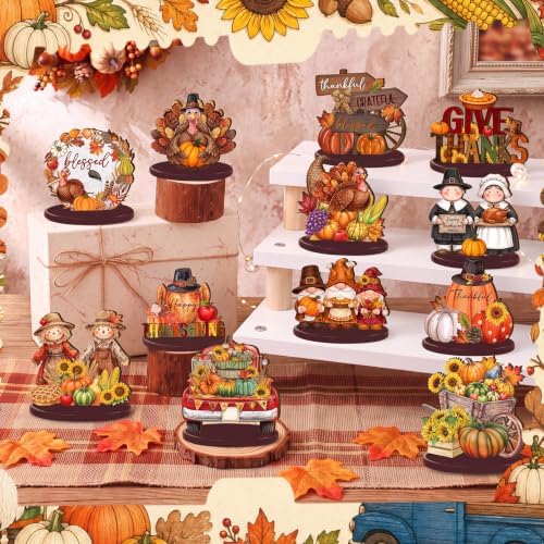 Wesiti 12 Pcs Thanksgiving Table Decorations, Wooden Fall Harvest Centerpiece, Pilgrim Turkey Gnome Table Topper Signs for Thanksgiving Tiered Tray Decor Party Favor