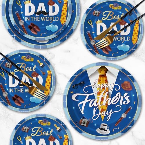 24 Pcs Happy Father's Day Plates Set - Blue Best Dad Paper Plate, Disposable Happy Fathers Day Round Dinner Dessert Plates Tableware for Grandpa Father Days Party Supplies Favors Table Decorations
