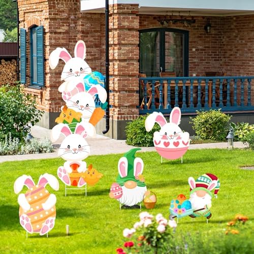 Easter Decorations Outdoor 6 Pcs Easter Yard Signs Bunny Eggs Yard Sign with Stakes for Lawn Egg Hunt Spring Rabbit Garden Decorations Party Supplies Waterproof