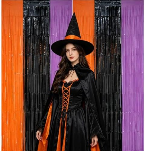2 Pack Halloween Backdrop Orange Black Purple Foil Fringe Curtains.