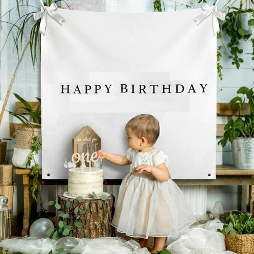 Oudain 59x59 Inch Happy Birthday Banner Burlap Happy Birthday Backdrop