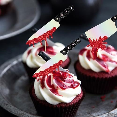Rsstarxi 24 Pack Halloween Knife Cupcake Toppers Blood Knife Have a Killer Birthday Cupcake Picks Decorations for Horror Theme Birthday Halloween Party Cake Decorations