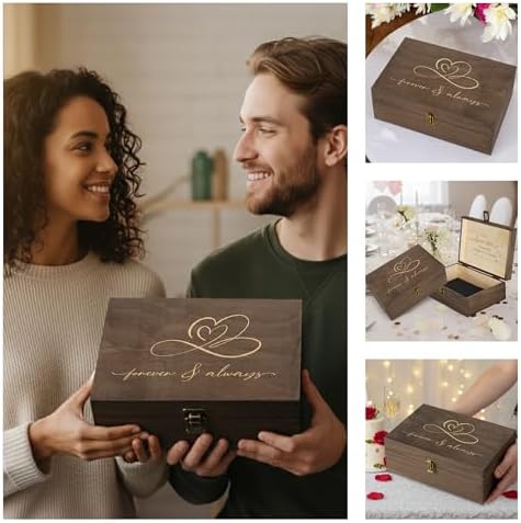 Rustic Wooden Memory Box – Medium Keepsake Storage Box with Double-Sided Engraving – “Forever & Always” Outside & “Every Love Story…” Inside – Personalized Gift for Couples, Wedding, Anniversary