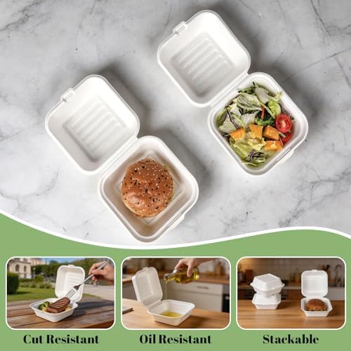 Lucklot 50 Pack 6×6 Inch White Compostable Bagasse Take Out Food Containers