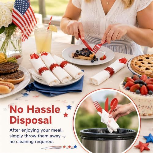 Liacere 400PCS Pre Rolled Red Silverware and Napkin - Disposable Red Plastic Utensils-Wrapped Plastic Cutlery Set with Napkin:100Forks,100Knives,100Spoons,100Napkins for Party & Independence Day