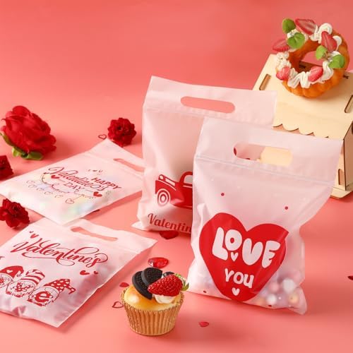 Valentines Cellophane Gift Bags, 80 PCS Valentines Treat Bags, Plastic Valentine Candy Cookies Snacks Goodies Sealing Bag with Handles for Valentine's Day Kids Party Favor Supplies Classroom Exchange