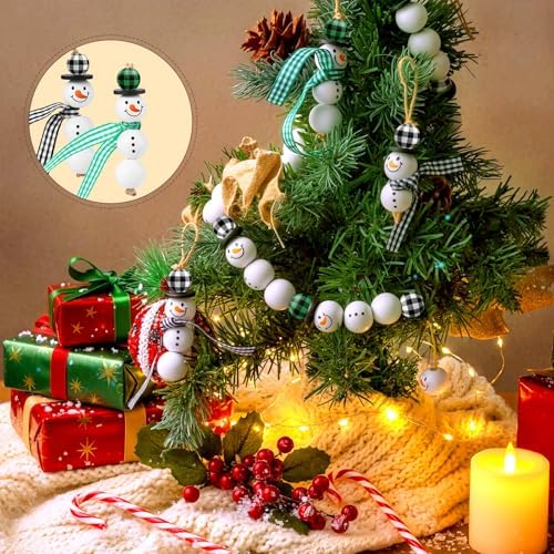 Landical 180 Piece Summer Christmas in July DIY Christmas Snowman Wooden Bead Crafts DIY Ornaments Buffalo Plaid Wood Round Bead Xmas Print Wooden Beads with Twine Scarf for Crafts(Fresh Colors)
