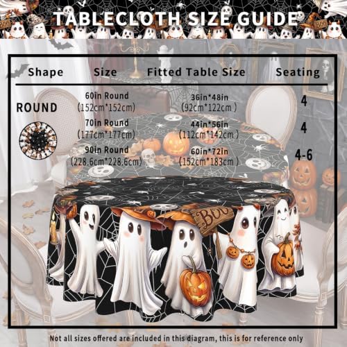 Black Halloween Tablecloth Round 90 Inch, Washable Fabric Spider Web Ghost Table Cloth Round Halloween Tablecloth Table Cover for Kitchen Dining Party