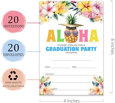 4x6 2026 Aloha Graduation Party Invitations (20 Cards + 20 Envelopes) - Pineapple Tropical Grad Celebration Invites.(018)