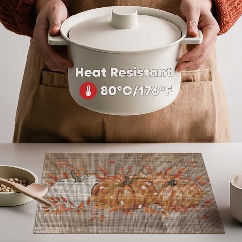 Artoid Mode Wood Pumpkin Leaves Fall Vinyl Placemats Set of 6, Wipeable Woven PVC Table Mats for Thanksgiving Farmhouse Party Kitchen Dining Decor