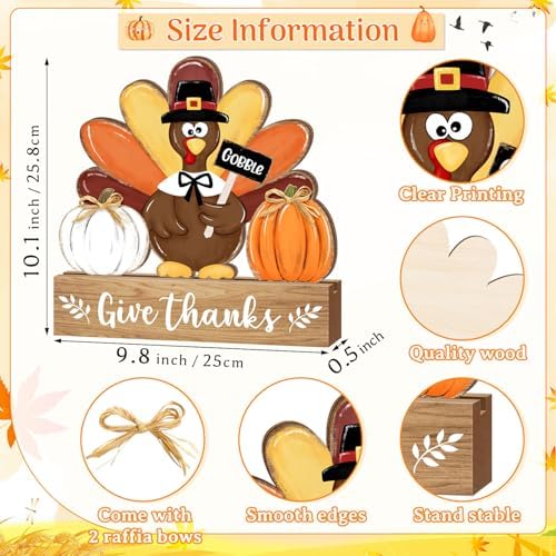 Thanksgiving Turkey Wooden Table Sign Decorations, Give Thanks Turkey Pumpkin with Raffia Bow Rustic, Autumn Harvest Fall Tiered Tray Centerpieces Tabletop Farmhouse Home Decor Gobble