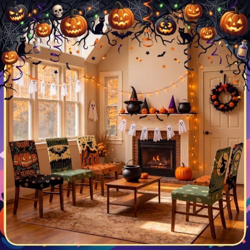 Moukeren 6 Pcs Halloween Chair Covers Scary Dining Chair Slipcovers