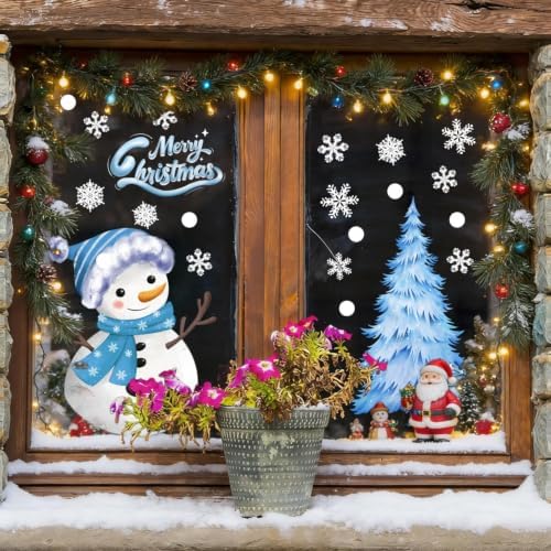 Winter Snowflake Window Clings Merry Christmas Window Stickers Double Sided Cute Snowman Window Decals Reusable Christmas Tree Glass Display Decoration for Home Office Classroom Party