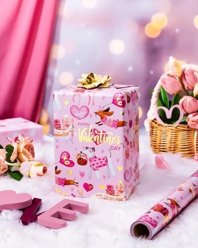 MAYPLUSS Valentines Day Wrapping Paper, Pink Heart Wrap Paper Cute Dog Gift Wrapping Roll for Girl Anniversaries Romantic Celebration, 17IN X 33FT