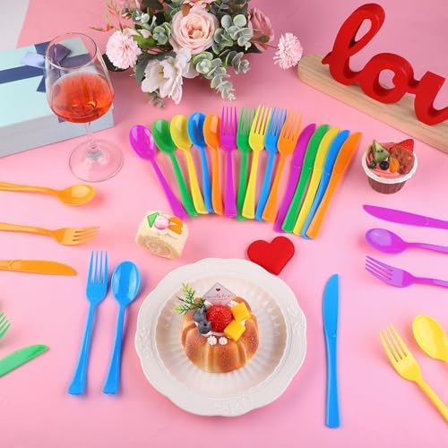 Kochorie 300 Pieces Rainbow Plastic Silverware Disposable Colorful Utensils