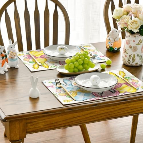 Artoid Mode Bunny Rabbits Eggs Easter Placemats Set of 6, 12x18 Inch Floral Bow Seasonal Spring Holiday Table Mats for Party Kitchen Dining Decoration