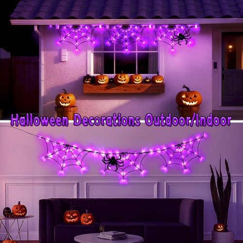 Halloween Decorations Spider Web Lights 6FT 60LED Battery Operated/USB Powered with Black Spider with Timer 8 Modes Indoor Outdoor for Halloween Decor, Purple