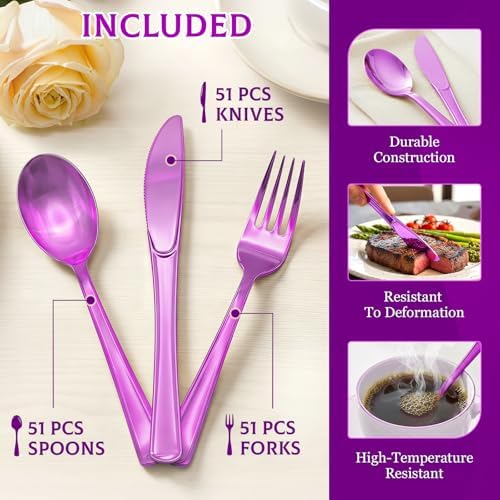 Glowserve 153 Pack Purple Disposable Plastic Silverware Set Cutlery Set