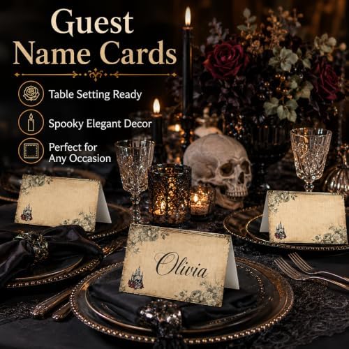 Andaz Press Halloween Name Place Cards for Table Setting, Gothic Glam Blank Food Labels for Party Buffet Cards, Dessert Table Display, Scored Mini Signs Food Display, 24 Pack 2 x 3.5