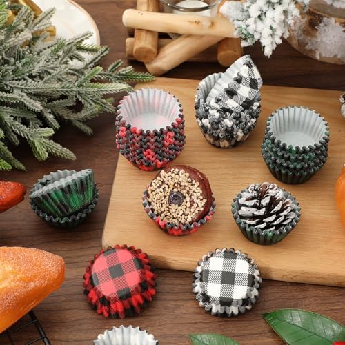 Whaline 600Pcs Christmas Cupcake Wrappers 3 Colors Buffalo Plaid Cupcake Liners Disposable Cake Holders Paper Muffin Cups for Baking Home Kitchen Holiday Party Supplies