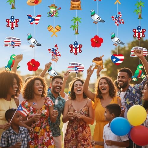 Spakon 8 Pcs Puerto Rico Garlands Puerto Rican Party Hanging Decorations Hibiscus Garlands Banners Frog Paper Cutouts for Birthday Festivals Party Ceiling Wall Decor