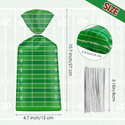 100 Pcs Football Goodie Bags - Brown Green Football Treat Bags, Plastic Rugby Sport Cellophane Snack Gift Candy Goody Bag with Silver Twist Ties for Sports Team Events Birthday Party Favors Supplies