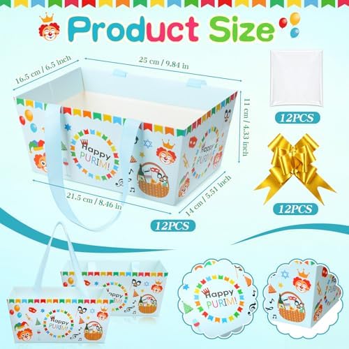 Moinchore 12 Set Happy Purim Basket for Gifts Empty 9.8x6.5'' Clown Market Tray Cardboard with Bows, Cellophane Bags, Twist Tiles, Empty to Fill for Purim Birthday Bridal Wedding Party Supply