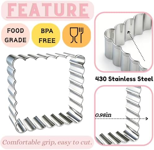 Square Cookie Cutter Set, 3 Pcs Wavy Edge Stainless Steel